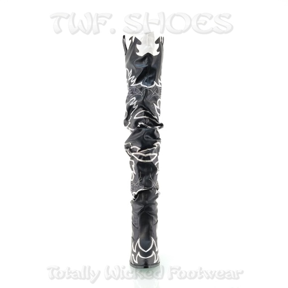 Kelsey Black Embroidered White Thigh High Western Cowboy Slouch Boots - Picture 6 of 8